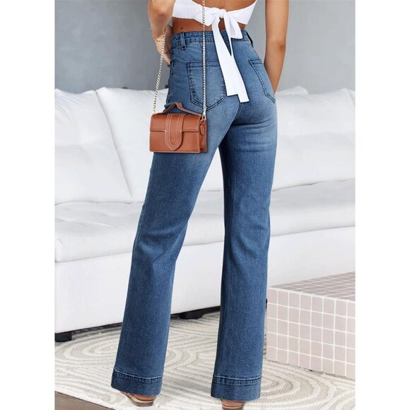 Women’s Wide Leg Jeans High Waisted Stretchy Denim Pants with Pockets - Picture 2 of 6